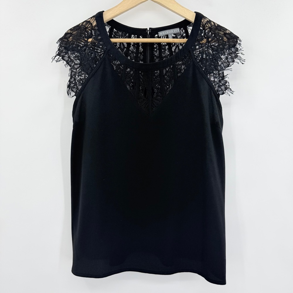 Brixon Ivy Black Lace Yoke Cap Sleeve Blouse Top Large Zip Back Crepe Side Slit